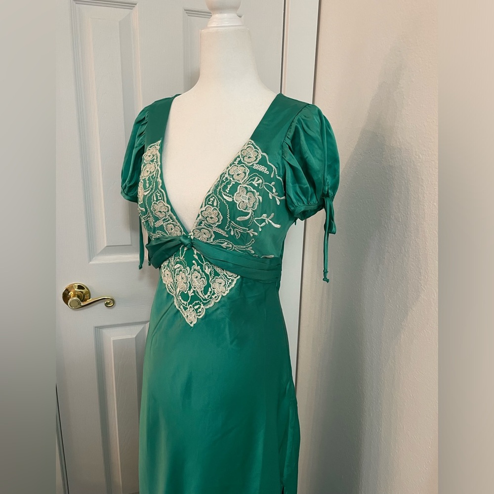 Free People Emerald Green Satin Maxi Dress with Embroidered Bodice - Picture 4 of 10